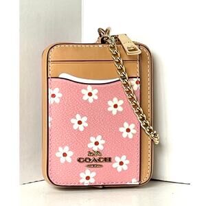 Coach Zip Card Case CFA37 Pink Floral Leather ID Wallet Gold Chain